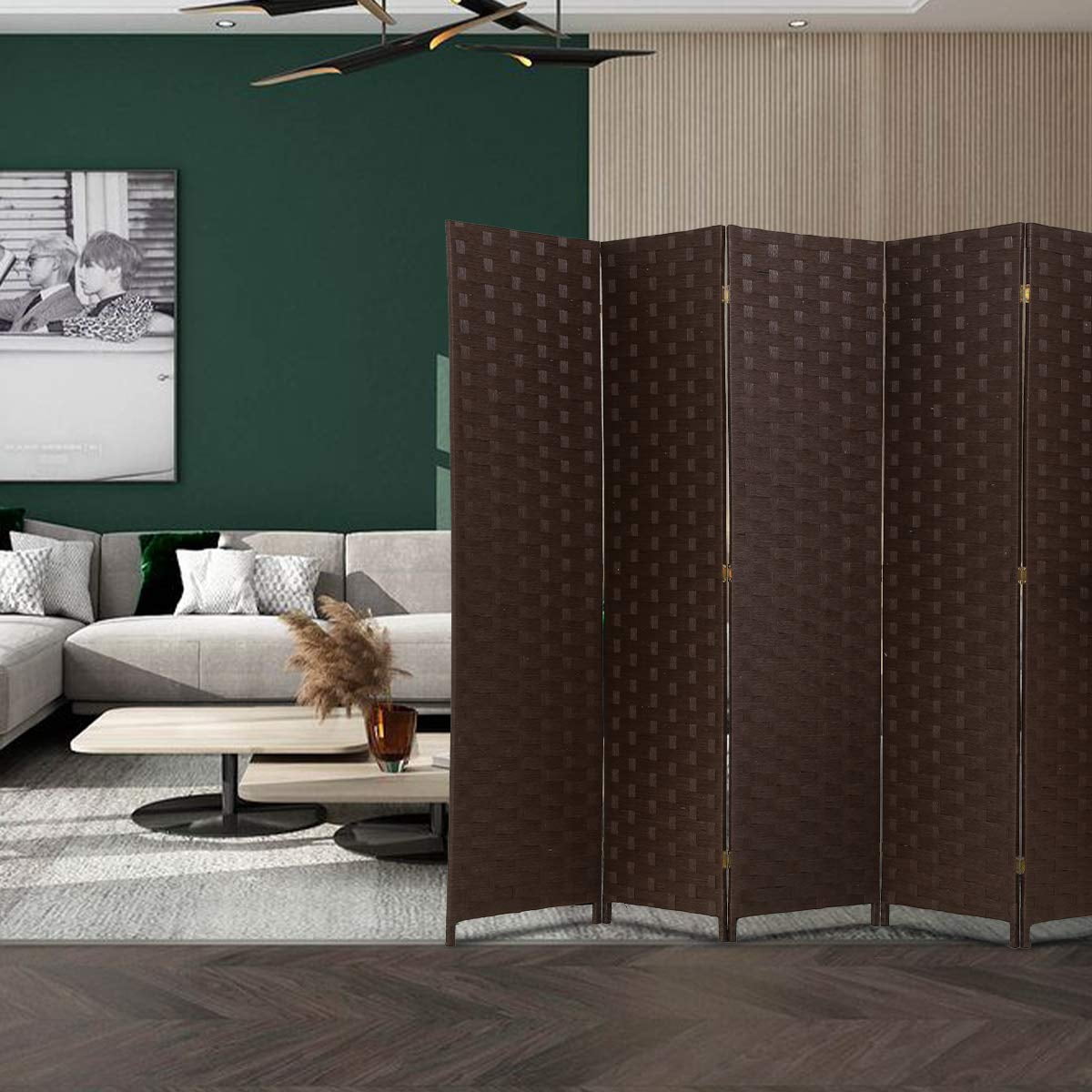 6 Panel  Room Dividers Folding Privacy Screen Partitions Room Dividers Wall Foldable Screen Portable Wood Mesh Woven Design Room Separator Screen for Home Office Bedroom Living Room, Brown