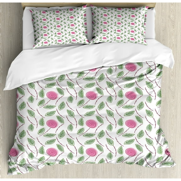 Floral Duvet Cover Set, Spiraling Rose Motifs on Branches with Leaves, Decorative 3 Piece Bedding Set with 2 Pillow Shams, Calking Size, Reseda Green Pink White, by Ambesonne