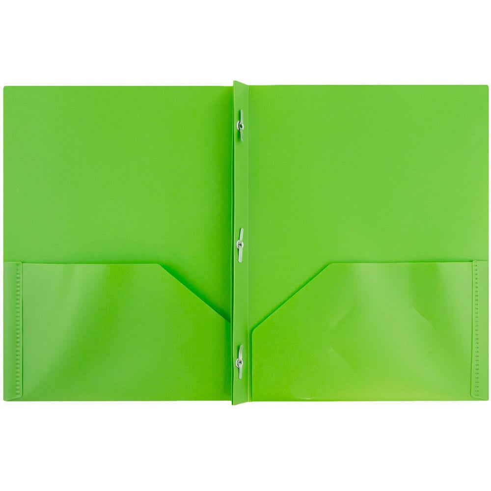 JAM Paper Plastic 2 Pocket POP Folders with Prongs Fastener Clasps, Lime Green, Bulk 48/Pack