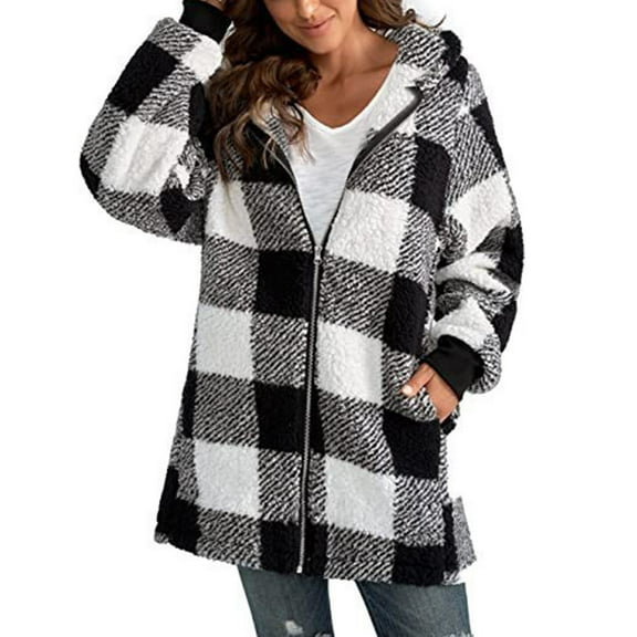 snowsong Women's Plush Coat Long Sleeve Plaid Hooded Zipper With Pocket Loose Coat,Long Coat Women,Womens Jacket,Flannel Jacket Women,Womens Coats,Plaid Jacket for Woman,Black,L