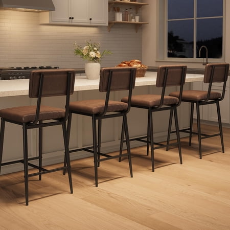 Bar Stools Set of 4 Counter Height with Backrest and Footrest 25.6-inch Ergonomic Seat Water-Resistant Retro Brown