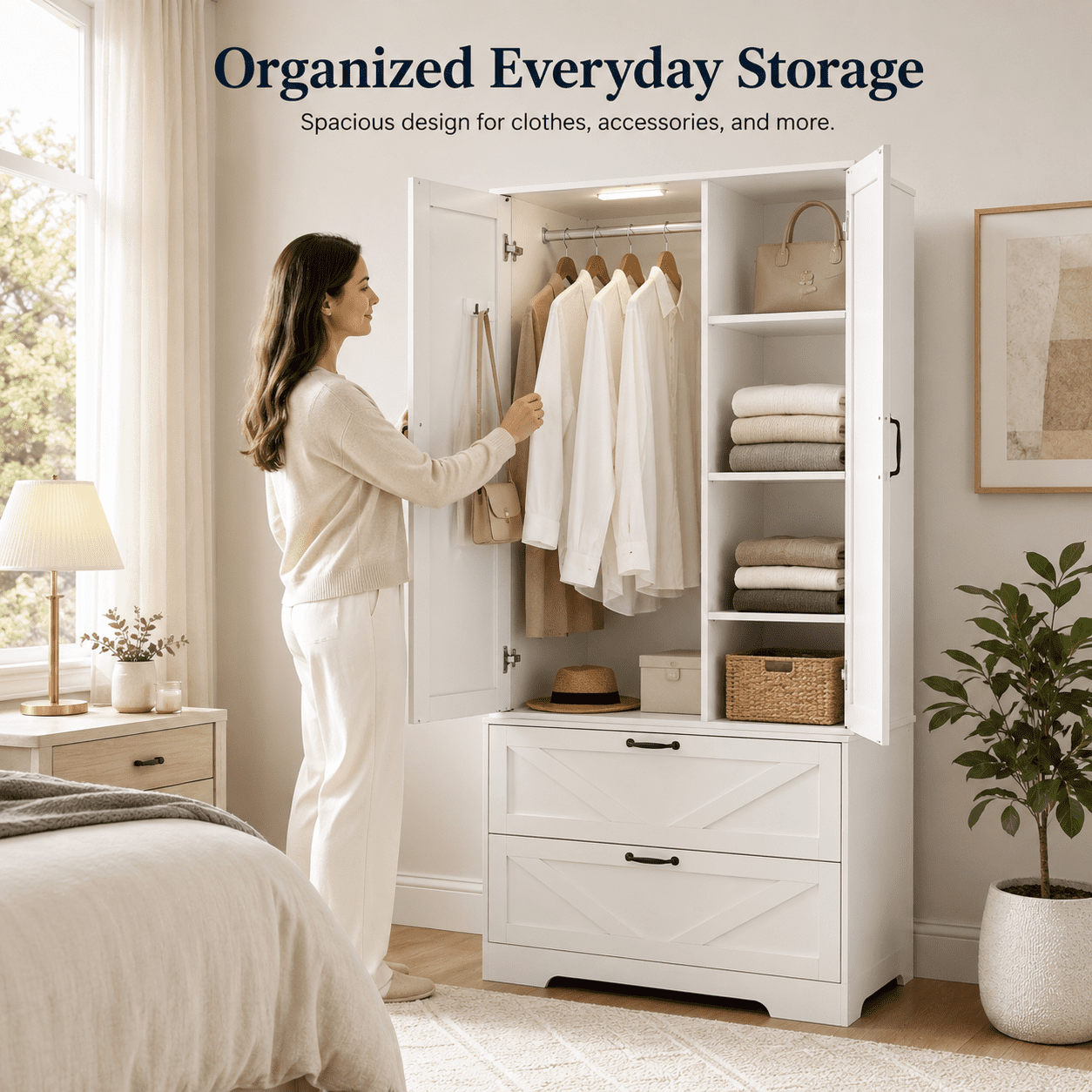Aukfa 2-Door Wardrobe Armoire with Mirror & Built-In Induction Light, Bedroom Wood Closet with Hanging Rod & 2 Drawers,White