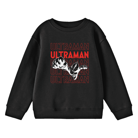 Ultraman White Line Art On Repeat Text Crew Neck Long Sleeve Youth Black Sweatshirt-Large
