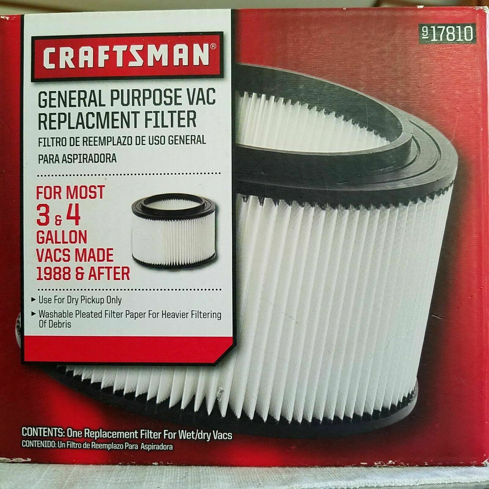 Replacement Filter For Craftsman Shop Vac/917810 Wet Dry Vacuum Fits 3&4 Gallon 