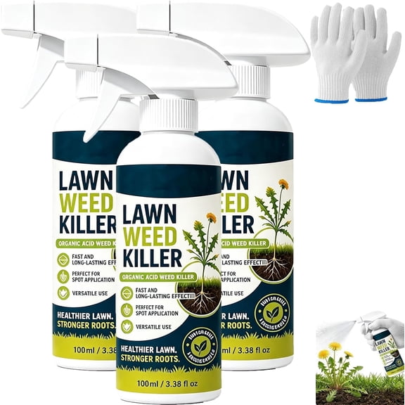 3 Pack Lawn Weed Killer Spray 100ml with Gloves, Organic Acid Ready to Use for Garden Patio Driveway