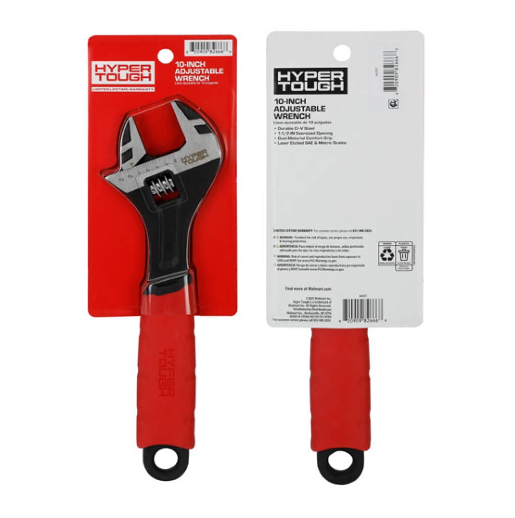 Hyper Tough 10-inch Wide Jaw Adjustable Wrench, Dual Material Comfort Grips
