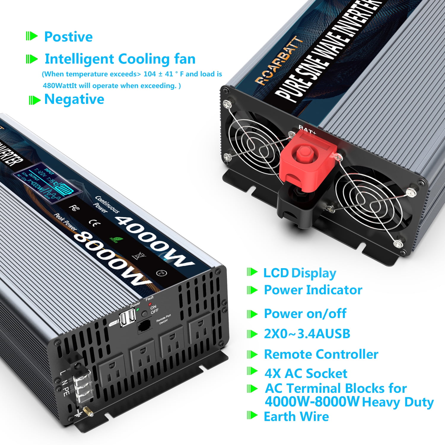 ROARBATT Power Inverter 4000W/8000W, DC 12V to AC 120V, Remote 