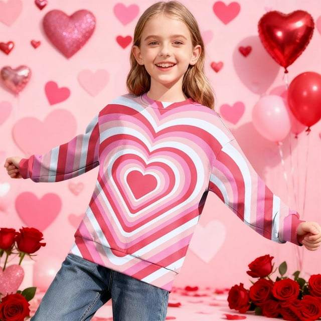 Sudadera sin capucha para niño, con estampado del Día de San Valentín, de manga larga, informal, deportiva, con capucha, sudadera de manga larga sin capucha, top con inserciones en los hombros, blusa
