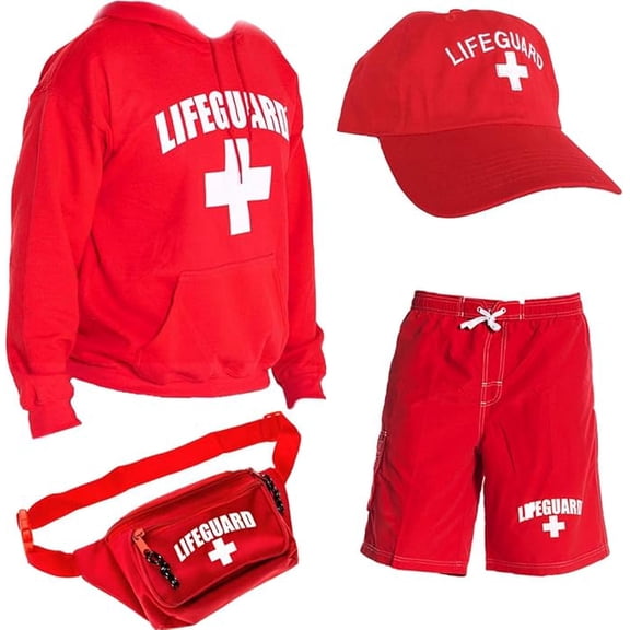 LIFEGUARD Officially Licensed Mens Halloween Costume Combo Pack Hoodie, Shorts, Hat, Fanny Pack Red