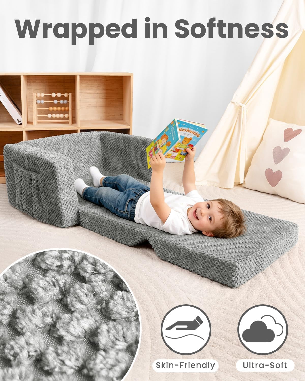 Foldable Toddler Couch with Soft  Cover, 2-in-1  Sofa & Lounger for Kids