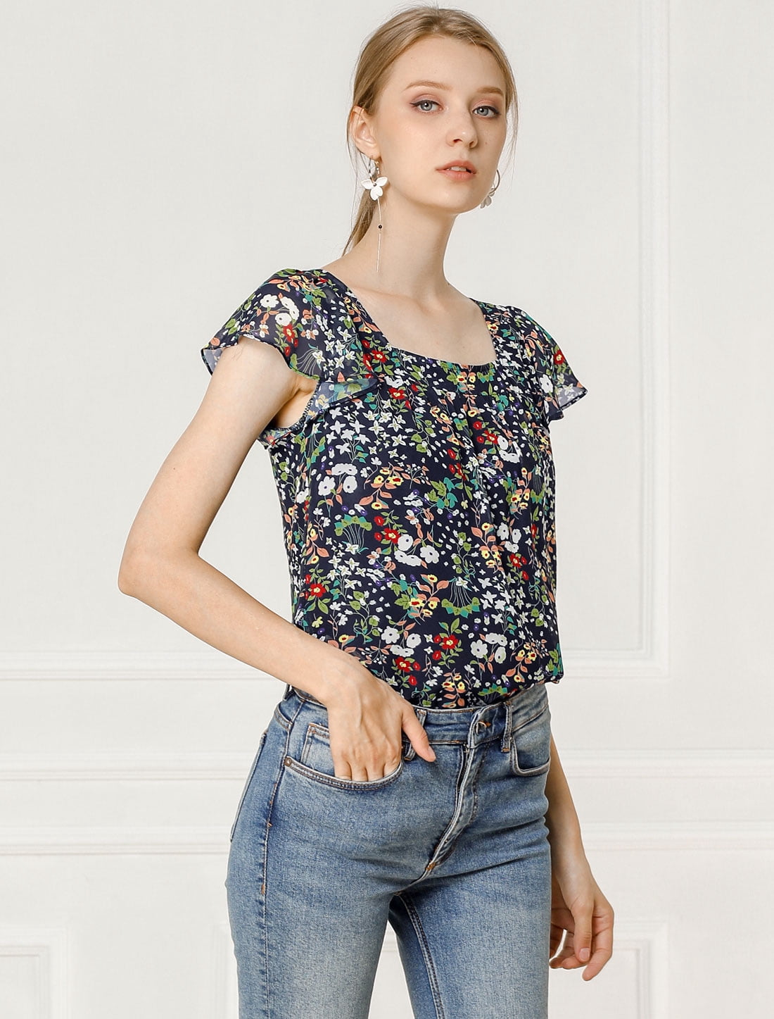 DARING DIVA Square Neck Ruffle Sleeve Chiffon Blouses 2XL Navy Blue