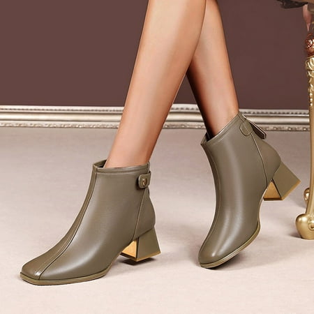 

Womens Shoes Casual Boots Fashion High Heel Block Heel Solid Color Leather Back Zipper Short Boots