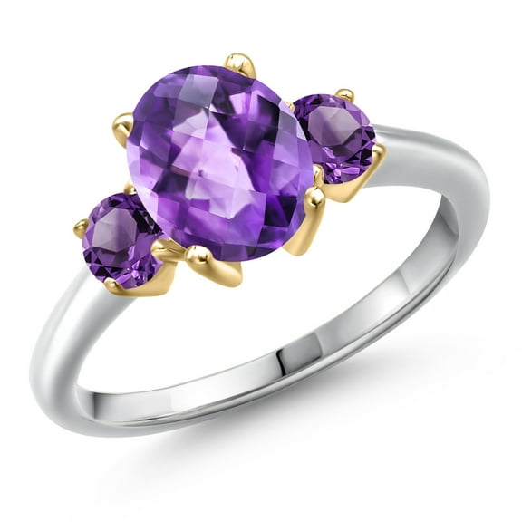 Gem Stone King 10K Two Tone Gold Purple Amethyst Engagement Ring for Women | 2.00 Cttw | Oval Checkerboard 9X7MM | Gemstone February Birthstone | Size 5