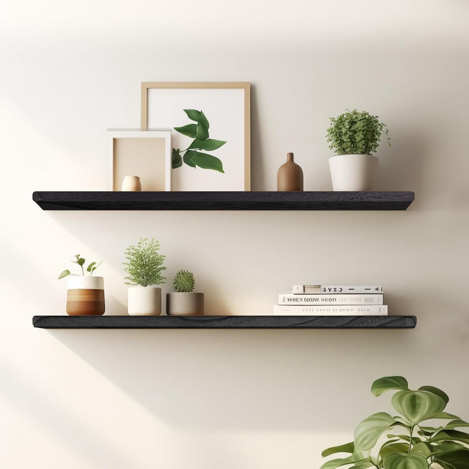 Floating Shelves 24 Inches Long, Set of 2 Rustic Wood Wall Mounted Shelves, Wall Picture Ledge Shelf with Invisible Metal Brackets for Living Room, Bedroom, Bathroom, Black