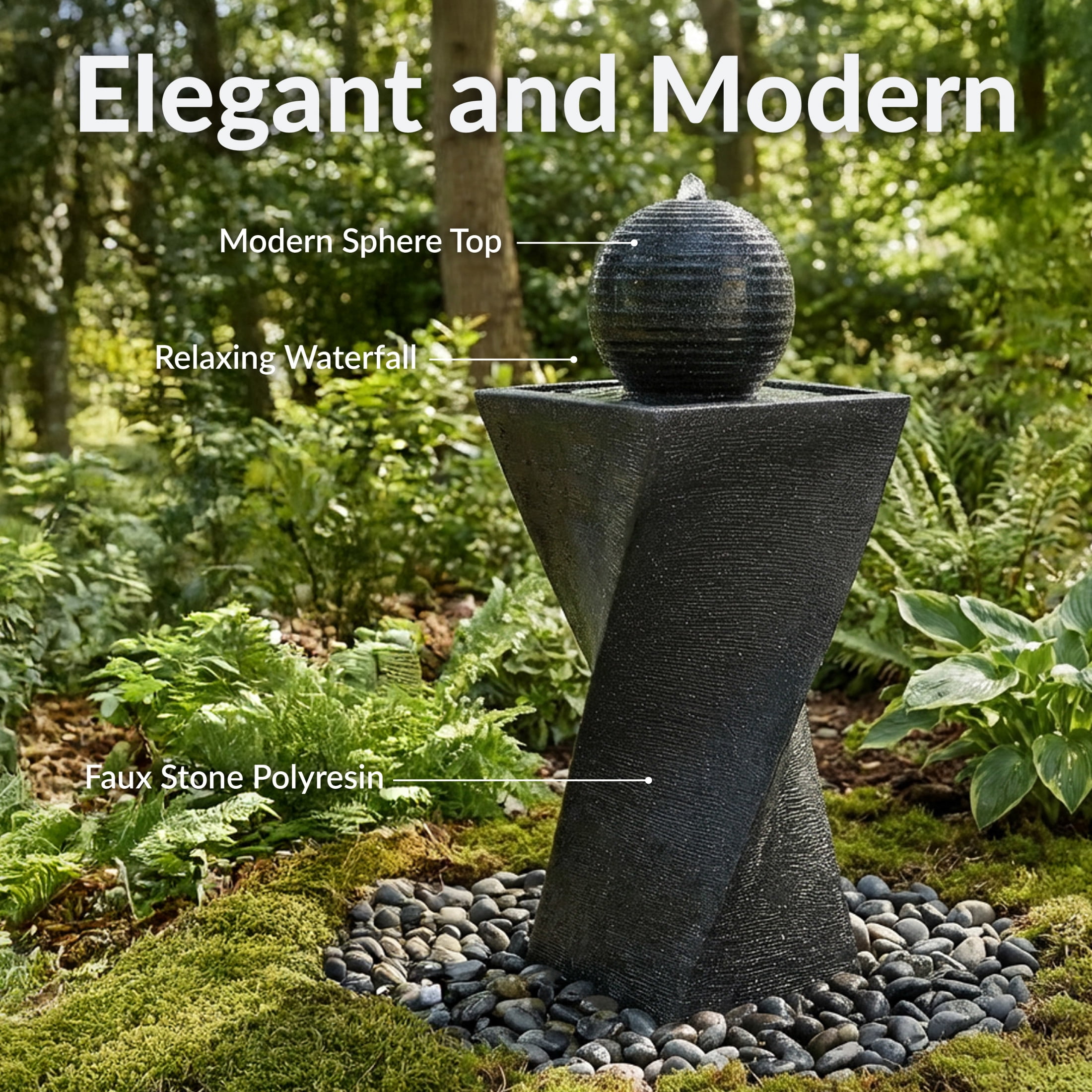Sunnydaze Ball Modern Black Polyresin Outdoor Solar Fountain with Battery and LED Light