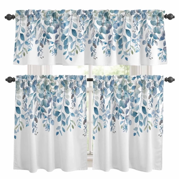 Blue Eucalyptus Leaves Kitchen Curtains, Kitchen Curtains and Valances Set of 3, Watercolor Botanical Weeping Light Filtering Tailored Tier Curtain 24 Inch Length Drapes for Cafe Sink Bedroom