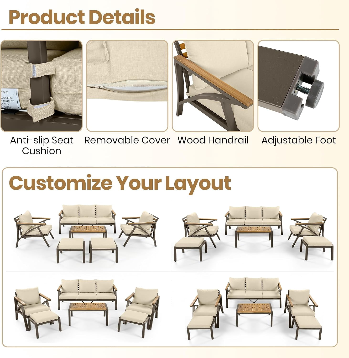 6-Piece Outdoor Patio Seating Set with Ottomans, Steel Frame Sofa & Acacia Wood Coffee Table, Beige Cushion