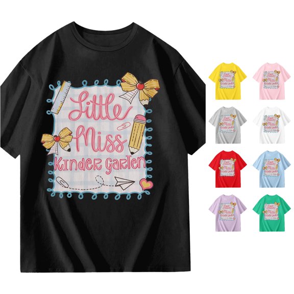 XAOFW Girls Back To School T Shirts Short Sleeve Round Neck Cartoon Printed Tees Lightweight First Day Of School Shirt For Toddler Kids Comfortable Tops 3-4 Years