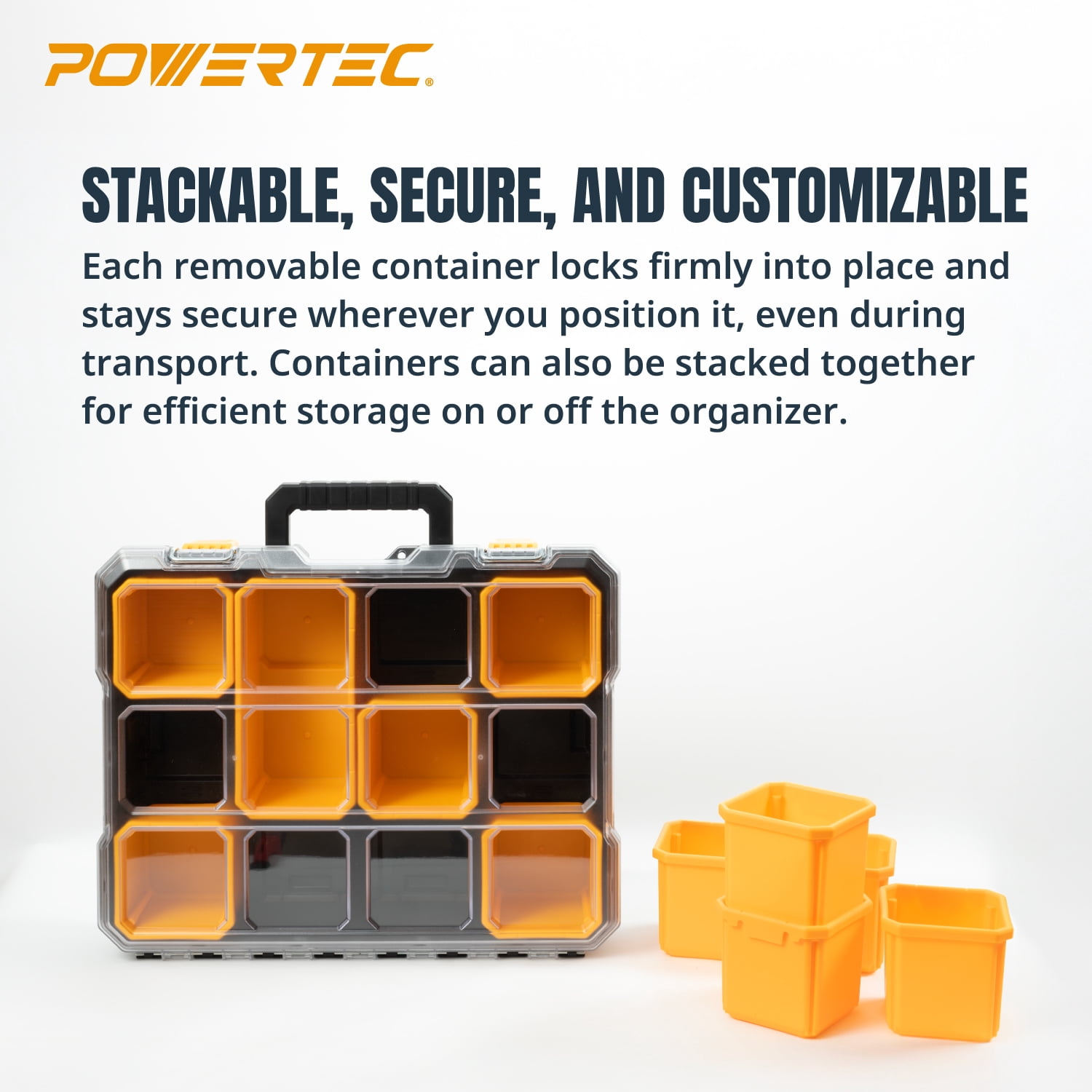 POWERTEC 2PK Small Parts Organizer & Tool Box – 10 Compartments, IP65 Water & Dust Protection, Stackable Storage with Interlocking Latch, Removable Tray, Clear Lid, Portable Design (72365-P2)