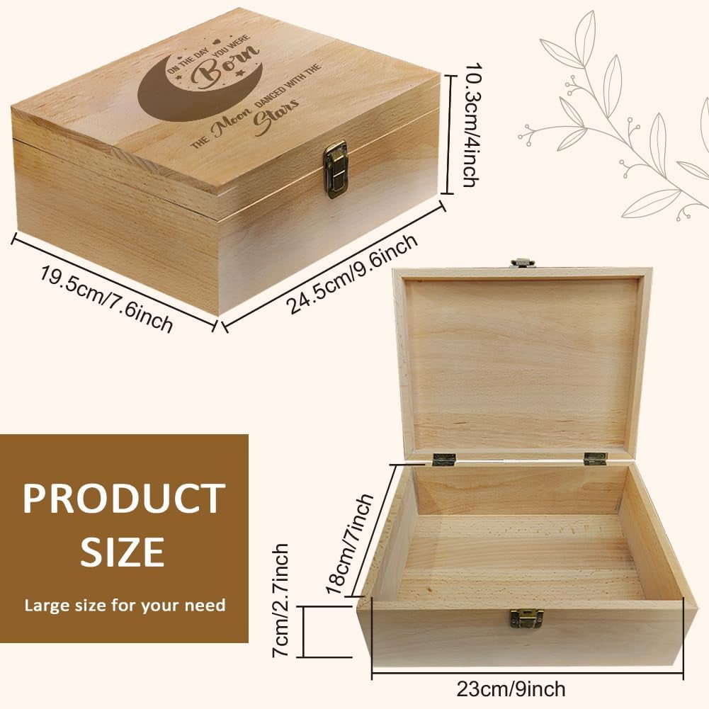 1 Pc Wooden Memory Keepsake Box Moon Pattern Souvenir Box with Hinged Lids for Newborn Storage Box Keepsake to Store Photos Letters and Valuables 9.6x7.6x4inch