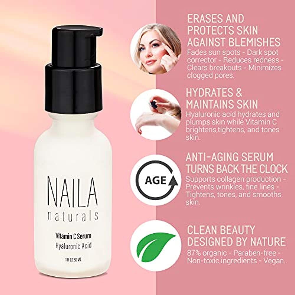 Naila Naturals Vitamin C Serum - Anti Aging Serum For Women - Vitamin C Skin Serum With Hyaluronic Acid And Vitamin E - ORGANIC ingredients - Made in USA
