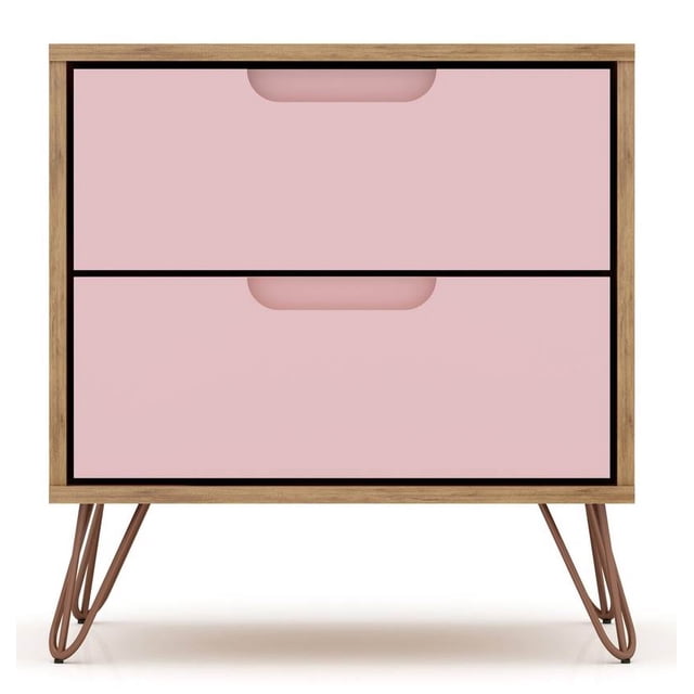 Manhattan Comfort Rockefeller Mid-Century Modern 2 Drawer Bedroom Nightstand, 20.08", Nature/Rose Pink