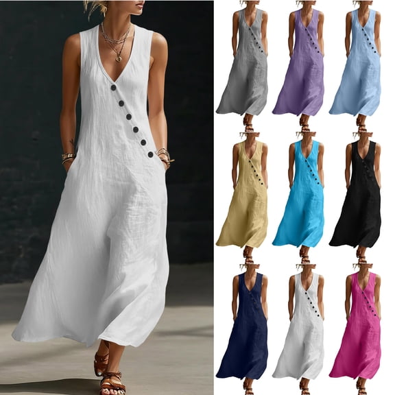 Smsaxvxz Womens Summer Maxi Dresses Fashion Solid V-Neck Sleeveless Button Casual Loose Tank Beach Sundress White XL