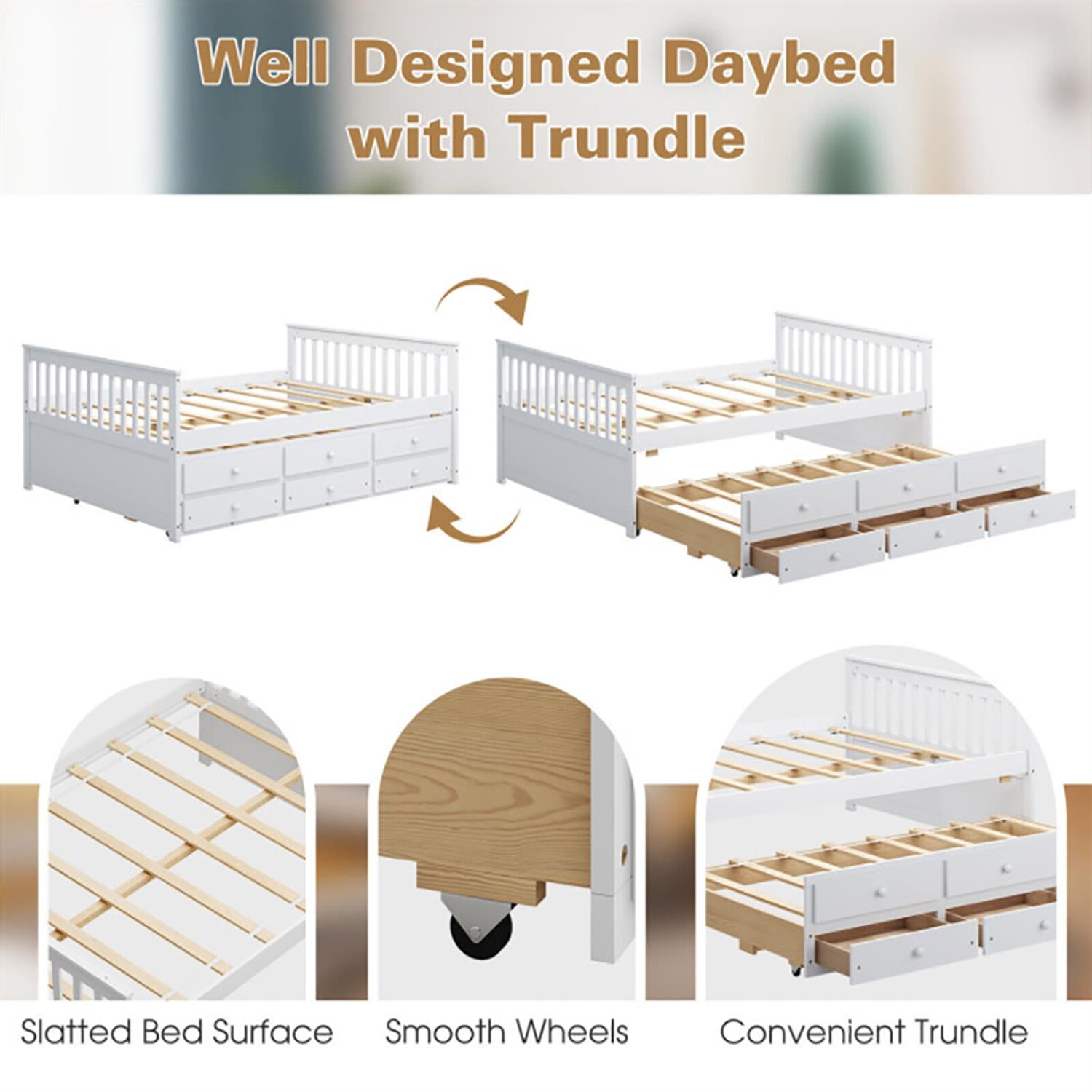 Demi Bonn Full Size Wood Daybed Frame with Trundle Bed and 3 Storage Drawers, Modern Bed Frame for Teens, White