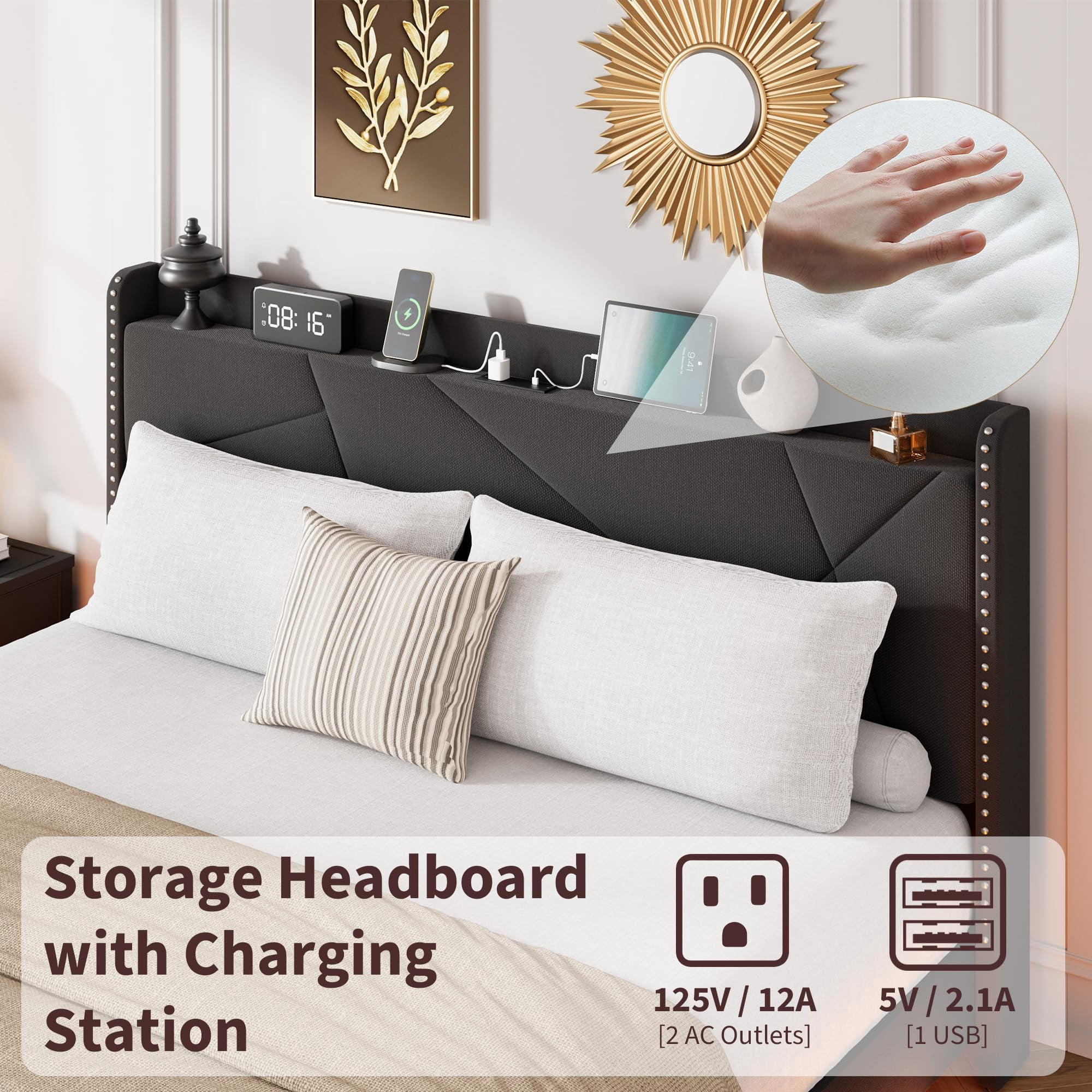 Huisuilinss Floating Bed Frame Full,Queen Size Upholstered Platform Bed With LED Lights & Charging Station,Storage Headboard & Folding Shelves Storage,Metal Slats Support,No Box Spring Needed