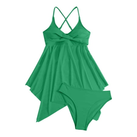 Women s Swim Dress 2 Piece Swimsuit with Skirt Modest Cut Out Padded Twist Bathing Suits Swimwear Swimdress with Bottom Womens Adjustable Bikini Bra Shorts Bikini Swimsuit Split Swimsuit Green S