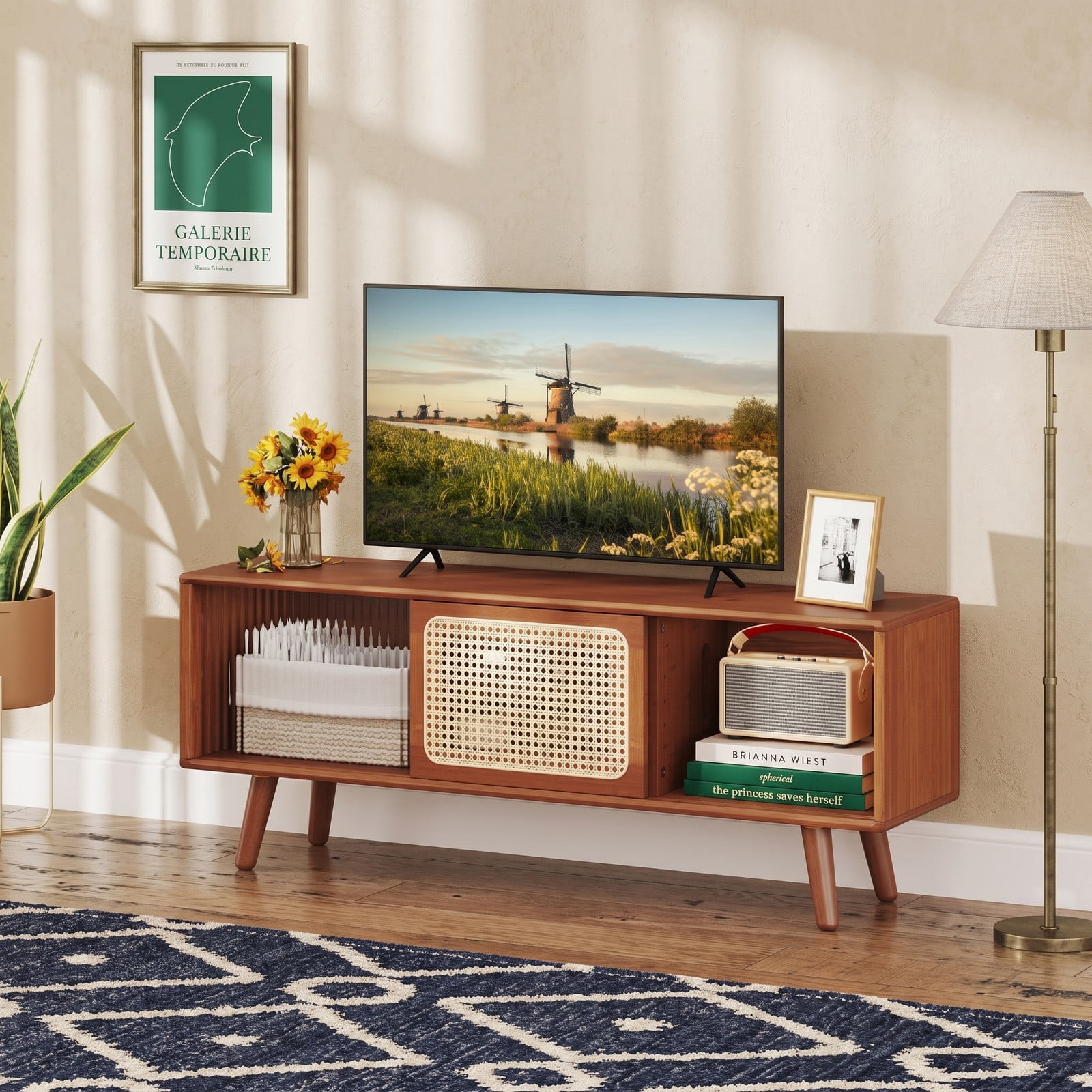 Furnibear Modern TV Stand for TVs up to 55 Inch, Bamboo Entertainment Center with Rattan Tempered Glass Sliding Doors, Adjustable Shelf & Cable, Natural Brown