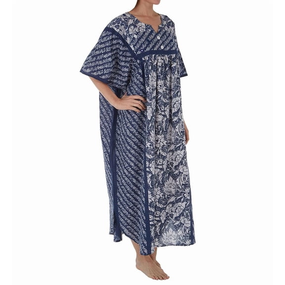 Women's La Cera 3004 100% Cotton Block Pattern Caftan (White/Navy O/S)