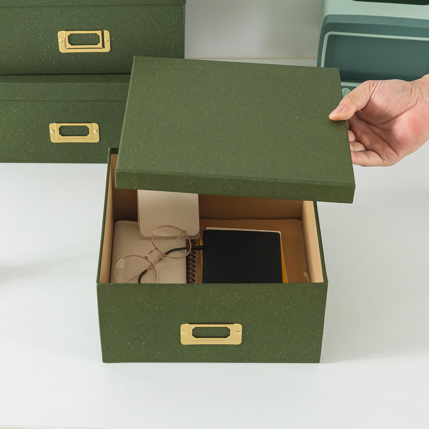 Square Stacking Boxes with Lids and Gold Label Holders, Decorative Photo Storage, Nesting Cardboard Set for Decor and Organizing