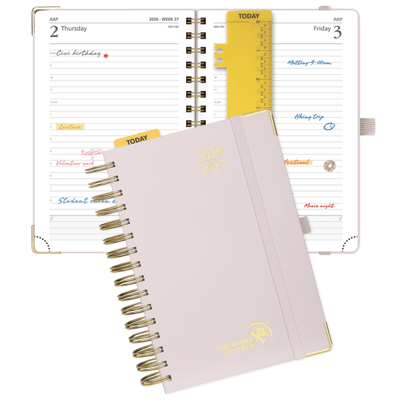 POPRUN 2026-2027 Daily Planner, 5.75" x 8.5", (Jul.26-Jun.27) Academic Calendar Book with One Page Per Day Planner, Spiral Hard Cover,Light Pink