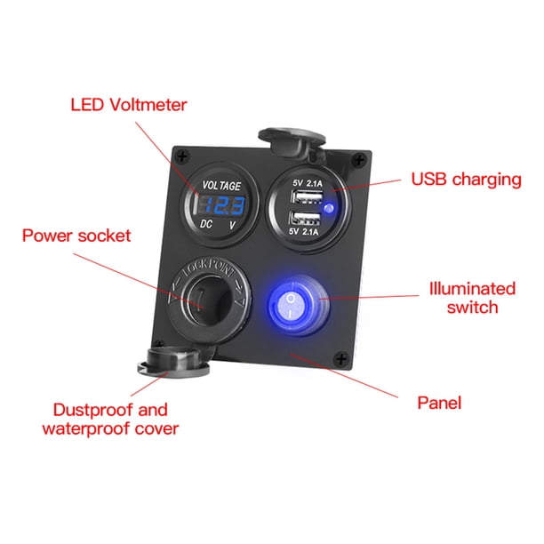 Panel de interruptores 4 en 1, voltímetro digital, puerto USB dual, interruptores a prueba de agua Tmvgtek Accesorios para autos y motos