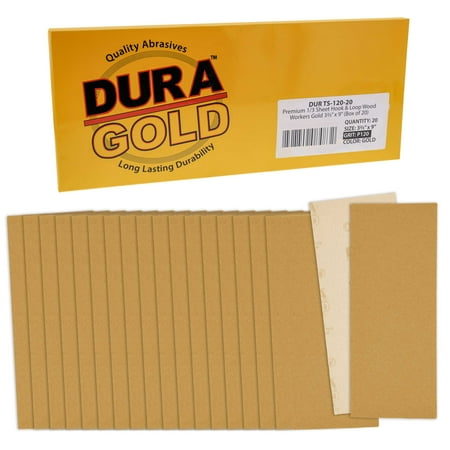 

Dura-Gold Premium Sandpaper - 120 Grit - 1/3 Sheet Size Wood Workers Gold 3-2/3 x 9 with Hook & Loop Backing - Box of 20 Sheets - Hand Sand Block Sanding Use Jitterbug Sander - Woodworking Auto