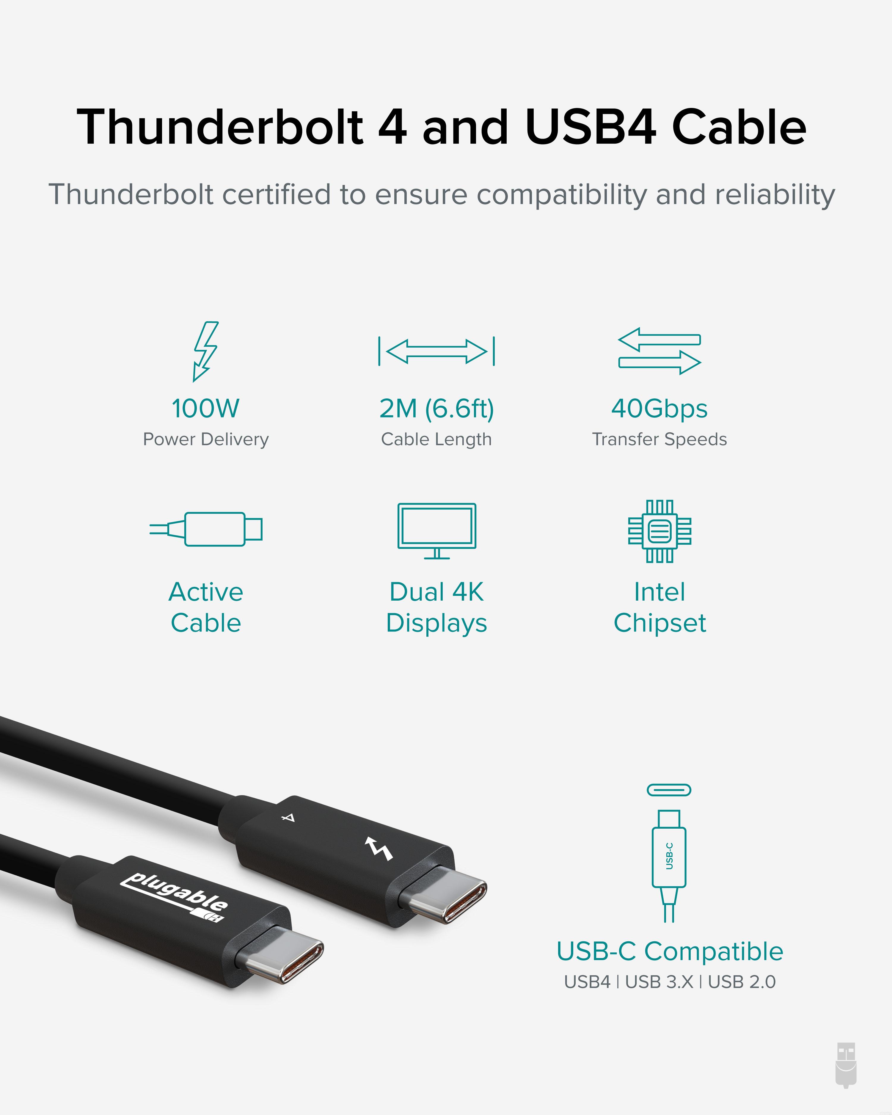 Plugable Thunderbolt 4 Cable [Thunderbolt Certified] 6.6ft USB4 Cable with 100W Charging, Single 8K or Dual 4K Displays, 40Gbps Data Transfer, Compatible with Thunderbolt 4, USB4, Thunderbolt 3, USB-C - image 2 of 7