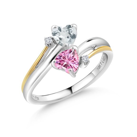Gem Stone King 925 Silver and 10K Yellow Gold Four Heart Ring Sky Blue Aquamarine and Vivid Pink Moissanite (0.94 Cttw, Size 9)