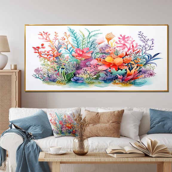 Designart "Watercolor Coastal Coral IV" Extra Large Animals Framed Wall Art - Coastal Coral Coastal Coral Under Water Living Room Framed Canvas Art