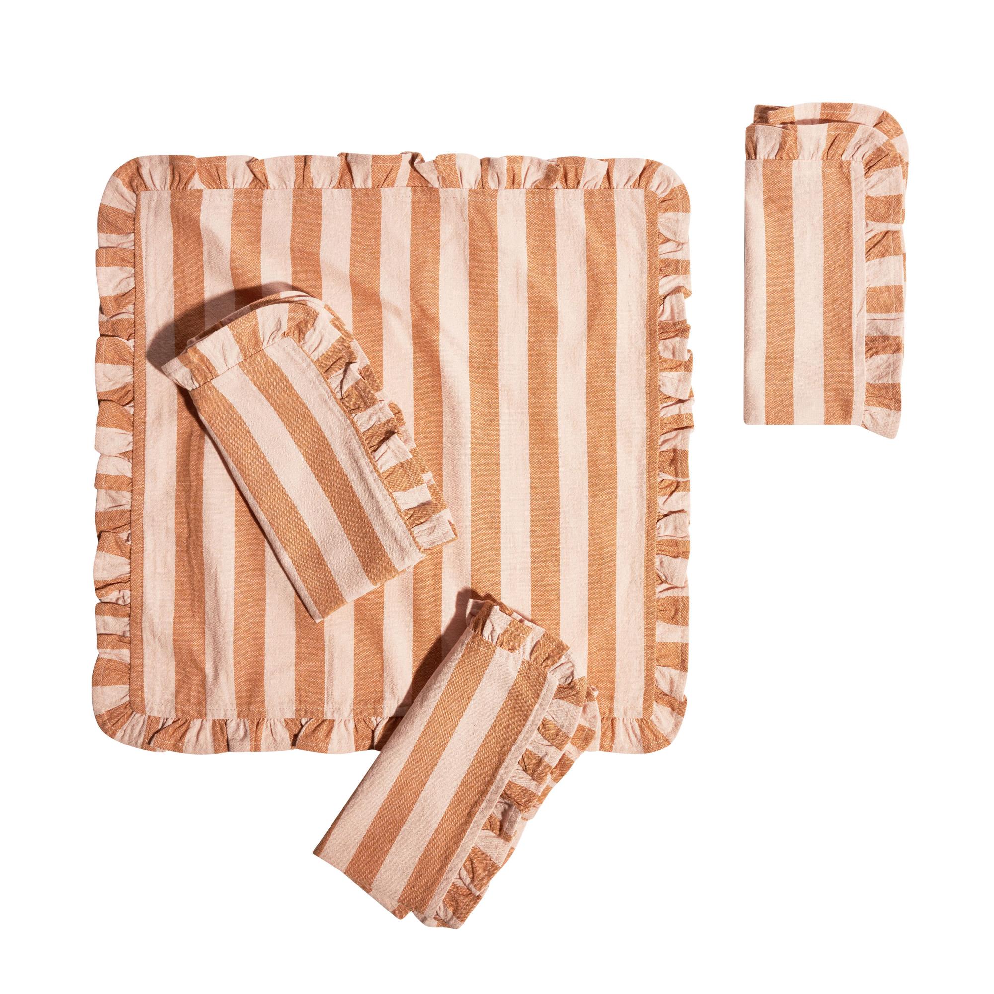 Beautiful Ruffle Stripe 4-Piece Napkin Set by Drew Barrymore, Coral Rose, 19"W x 19"L