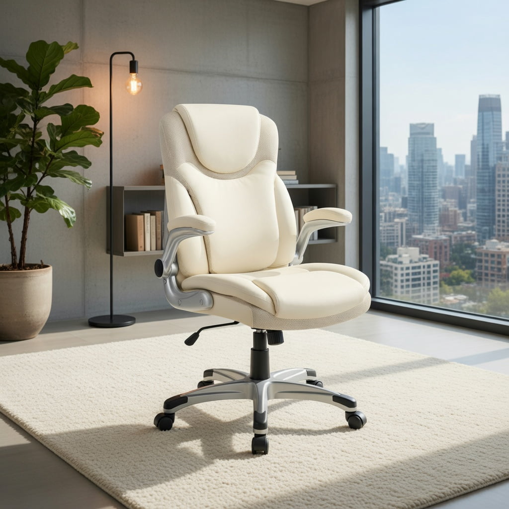 Demi Bonn Ergonomic Office PU Leather Executive Chair with Flip-up Armrests and Rocking Function, for Home, Bedroom, Study, White