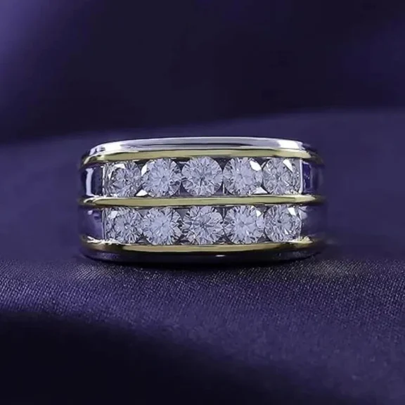 Forever Jewels 2Ct Round Moissanite Mens Wedding Ring 14K Two Tone Gold Plated