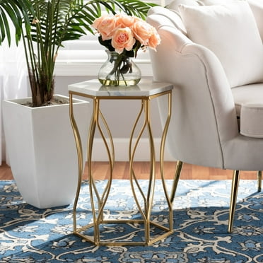 Baxton Studio Kalena Modern and Contemporary Gold Metal End Table with Marble Tabletop
