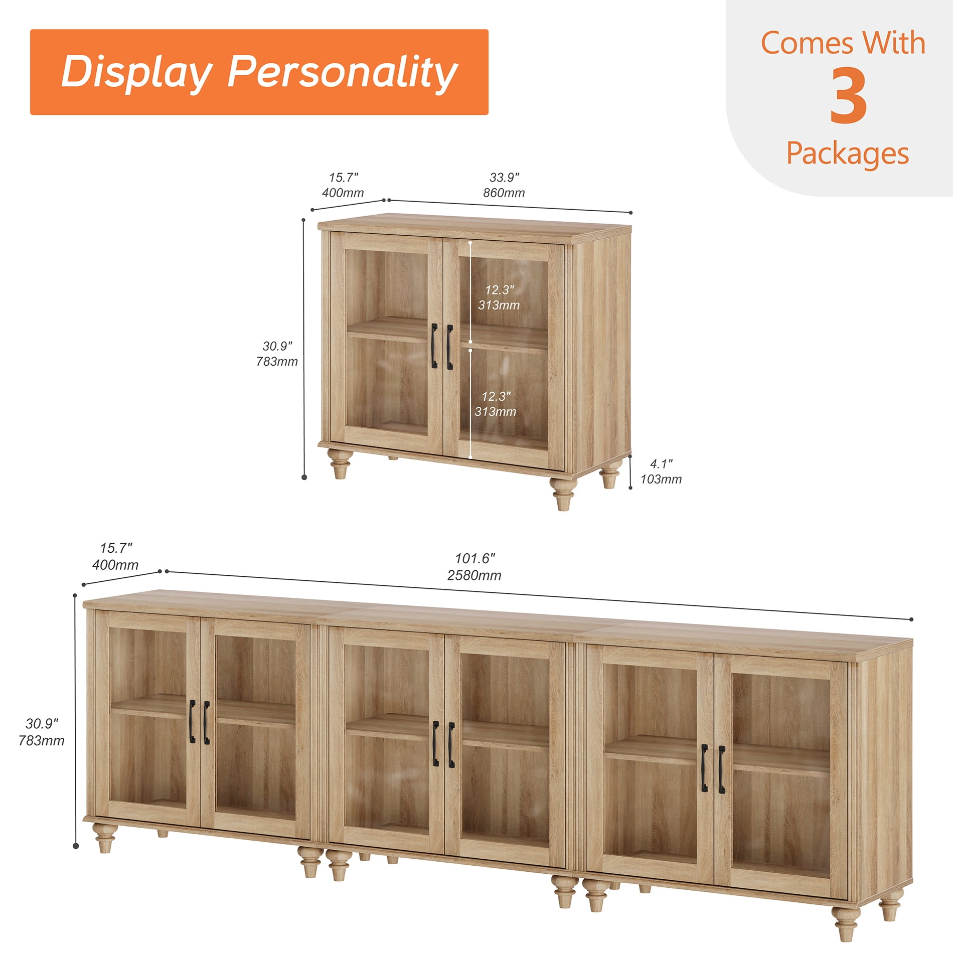 100" TV Stand with Glass Door, Wood TV Cabinet Entertainment Center for 75/80/85/90 Inch TV, 3-in-1 Kitchen Buffet Cabinet with Large Storage Cabinets for Dining Room & Living Room & Bedroom, Oak