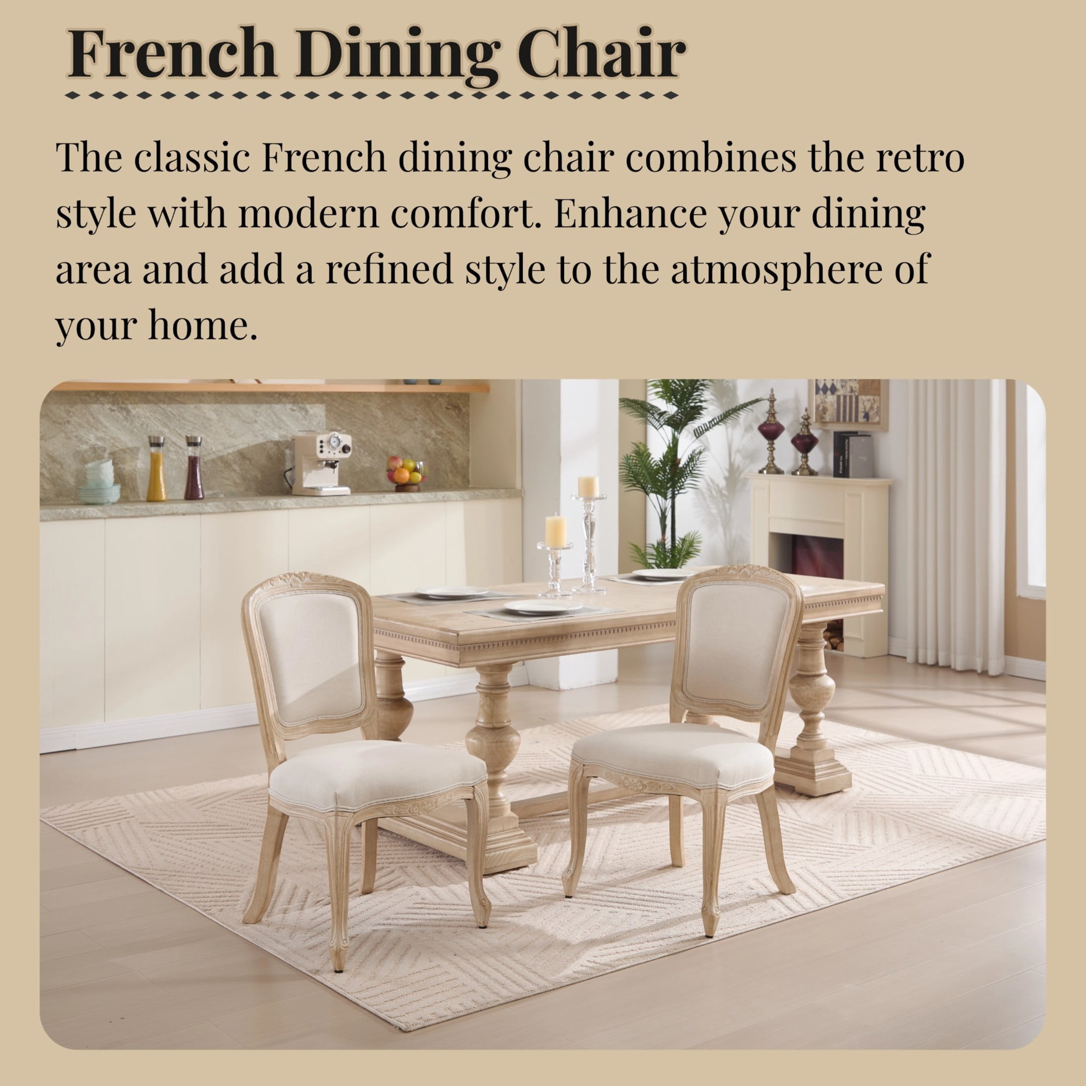 Noble House French Country Dining Chairs with Cushion Back and Carved Wood Frame for Living Room, Beige, Set of 2