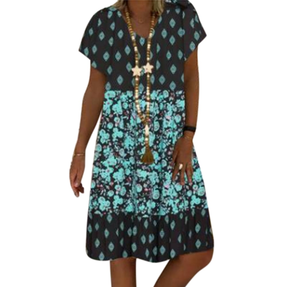 Lallc - Women's V Neck Short Sleeve Floral Swing Midi Dresses Summer
