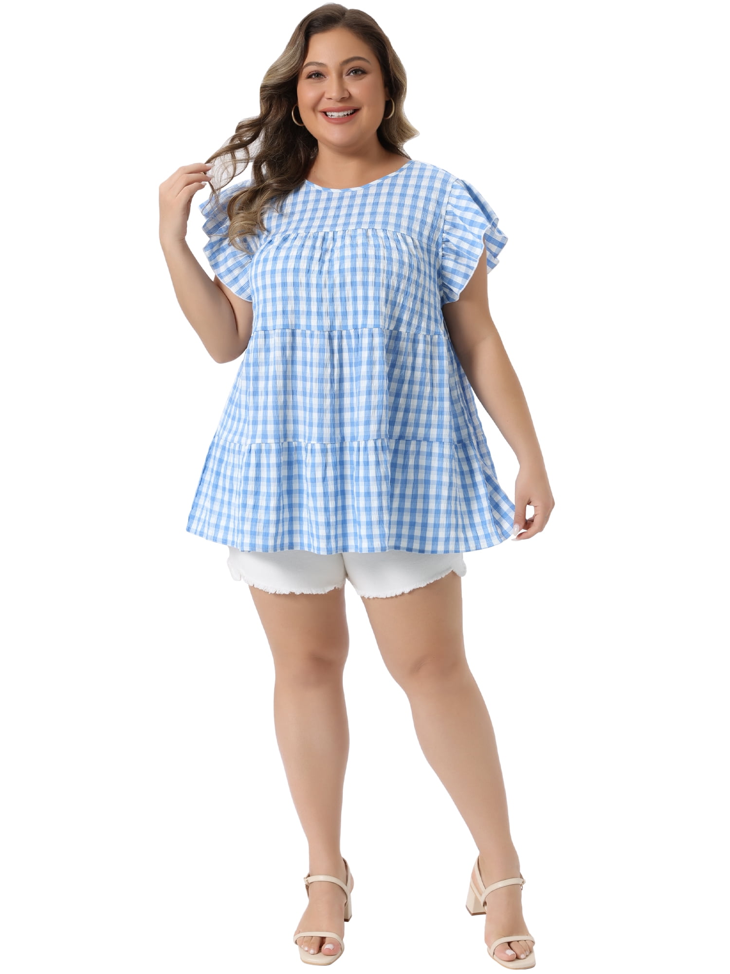 Women's Plus Women's Gingham Top 1950s Crew Neck Flare Short Sleeve Blouse 4X Blue