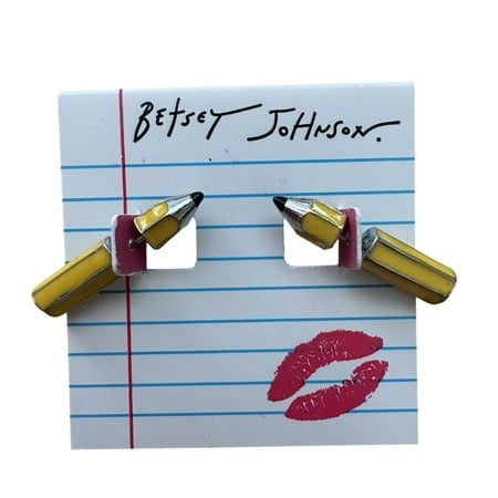 Betsey Johnson Silver Tone & Yellow Enamel Pencil Front Back Stud Earrings NWT