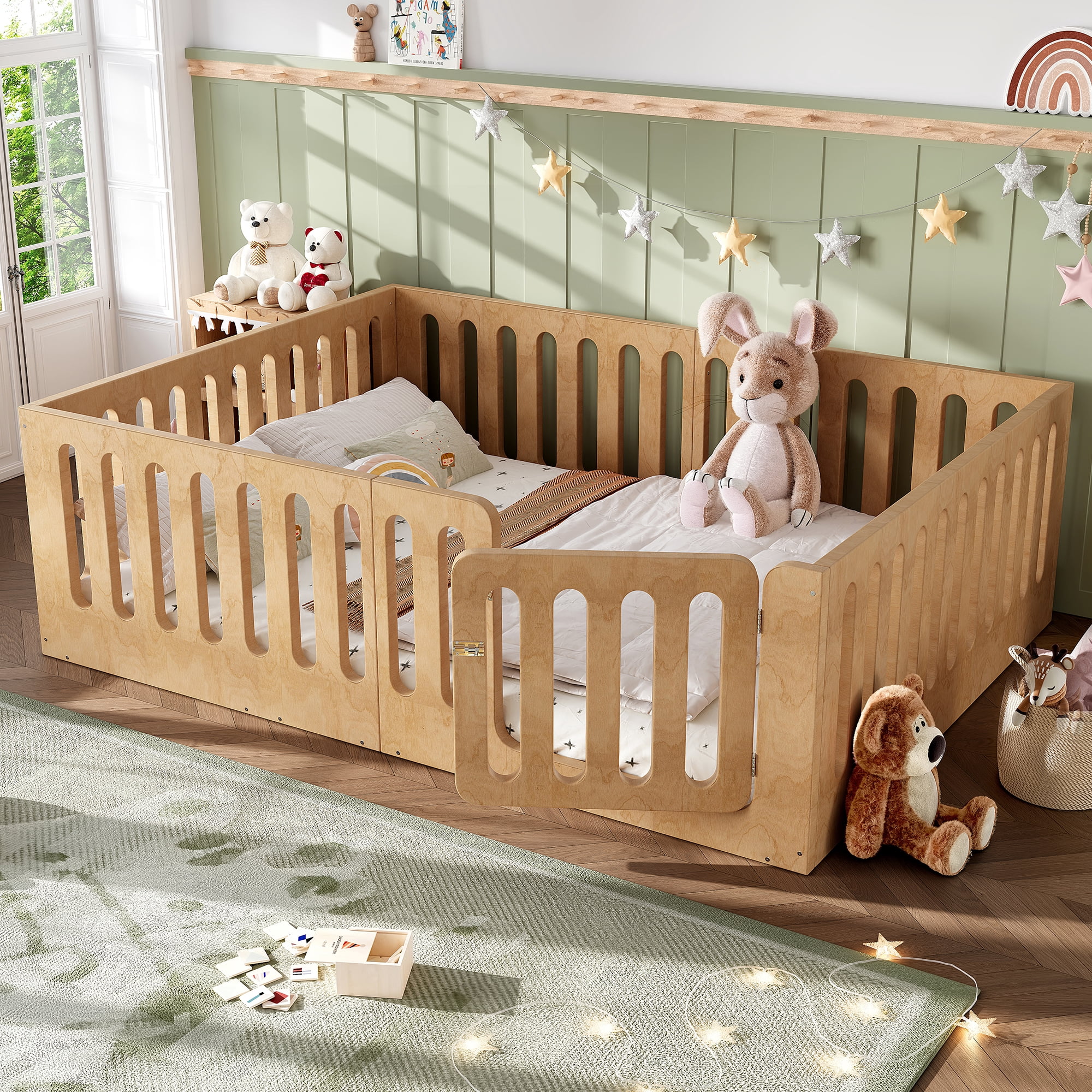 Floor Bed with Safety Rails and Door, Queen Solid Wood Platform Bed and Montessori Style Bed Frame for Bedroom, Natural