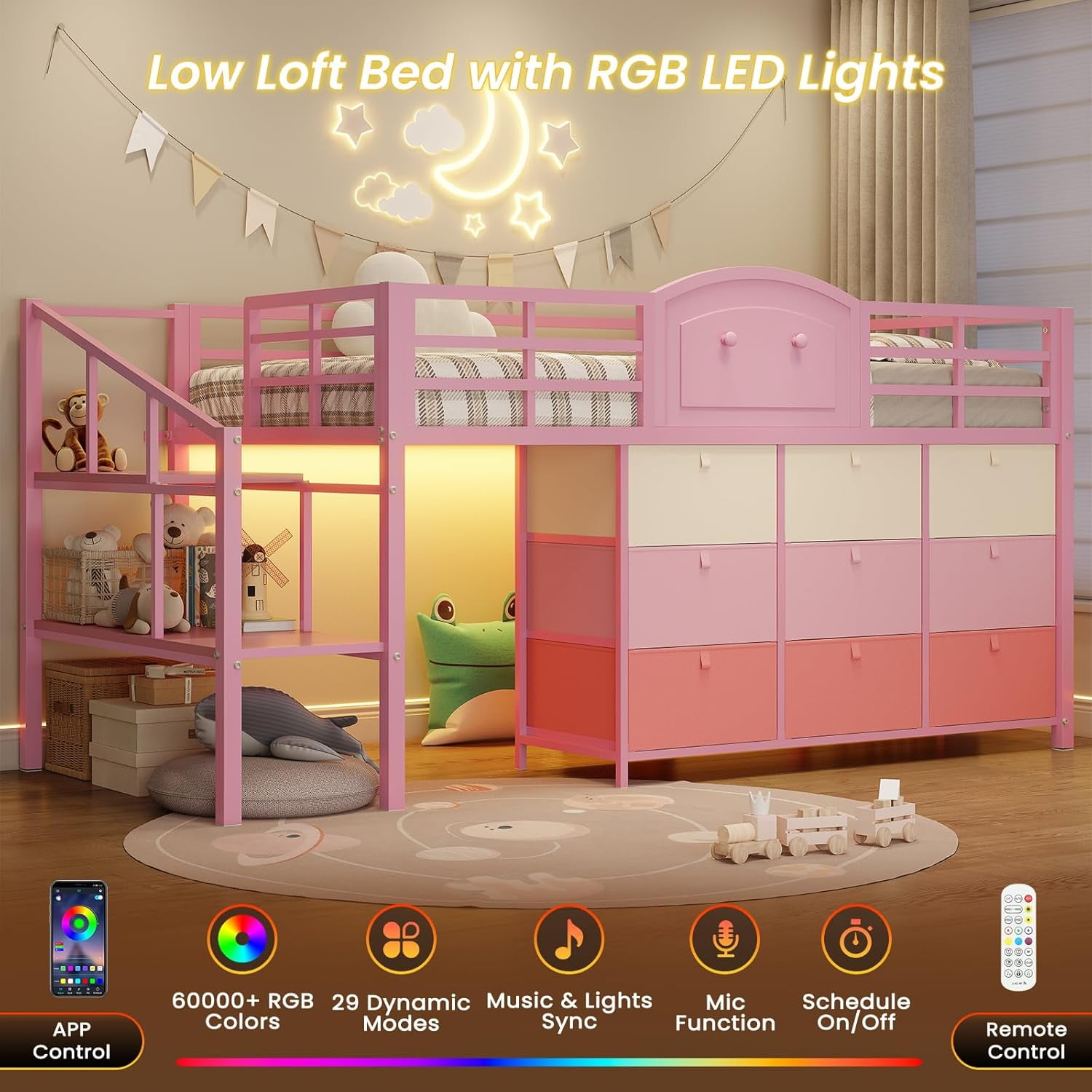 AOGLLATI Twin Size Low Loft Bed with 9 Storage Drawers and Under-Bed Hideaway, Metal Loft Bed with Storage Shelf and LED Lights Pink